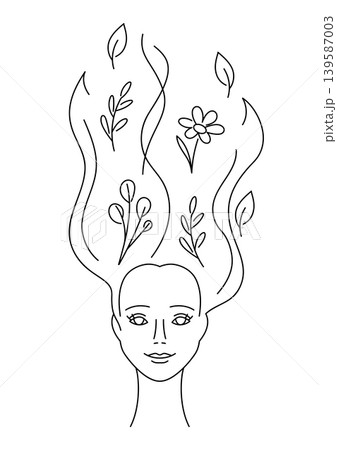 Beautiful girl with flowing hair. Hair fluttering with flowers and leaves. 139587003