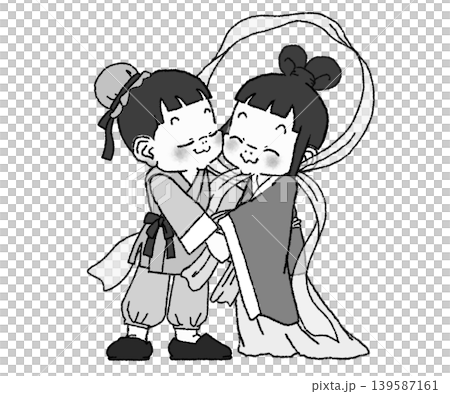 可愛的織姬和牛郎時隔一年重逢。 (黑白照片) 可愛的織姬和牛郎時隔一年重逢。 (黑白照片) 139587161