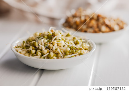 Fresh Mung Bean Sprouts in White Bowl Close-Up Healthy Vegetarian Ingredient for Salads and Cooking Fresh Mung Bean Sprouts in White Bowl Close-Up Healthy Vegetarian Ingredient for Salads and Cooking 139587182