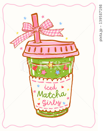 Whimsy girly iced matcha latte coquette gingham bow Saying quote whimsical hand drawn doodle Whimsy girly iced matcha latte coquette gingham bow Saying quote whimsical hand drawn doodle 139587198