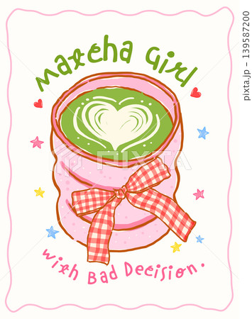 Whimsy girly matcha latte art heart coquette gingham bow Saying quote whimsical hand drawn doodle 139587200