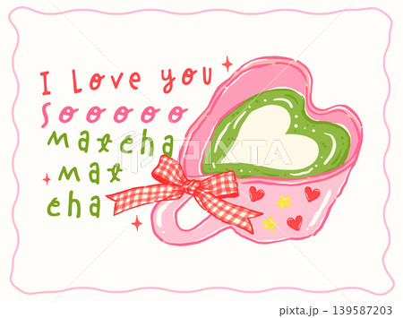 Whimsy girly matcha latte heart cup coquette gingham bow Saying quote whimsical hand drawn doodle Whimsy girly matcha latte heart cup coquette gingham bow Saying quote whimsical hand drawn doodle 139587203