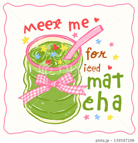 Whimsy Iced matcha latte girly quote sticker with gingham bow whimsical hand drawn doodle Coquette That girl aesthetic 139587206