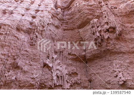 Kok-Moynok Canyon clay and sandstone wall texture with natural erosion patterns Kok-Moynok Canyon clay and sandstone wall texture with natural erosion patterns 139587540
