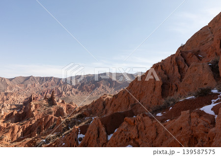 Scenic red sandstone formations in Skazka Canyon near Issyk-Kul Lake at sunrise 139587575