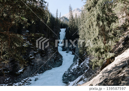 Frozen Tears of the Leopard waterfall in Barskoon Gorge, Kyrgyzstan mountains 139587597