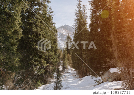 Winter mountain valley trail in Ala Archa National Park with snowy peaks Winter mountain valley trail in Ala Archa National Park with snowy peaks 139587715
