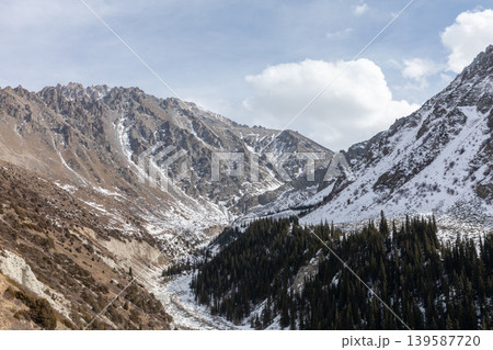 Snowy mountain valley and conifer forest in Ala-Archa National Park, Kyrgyzstan 139587720