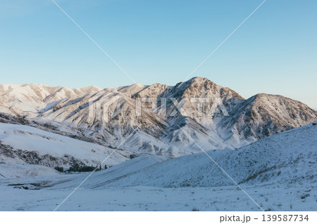 Winter panorama of Chunkurchak Valley snow covered mountains under clear blue sky Winter panorama of Chunkurchak Valley snow covered mountains under clear blue sky 139587734
