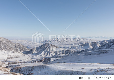 Panoramic winter mountains and snowy valley landscape in Chunkurchak Valley Panoramic winter mountains and snowy valley landscape in Chunkurchak Valley 139587737