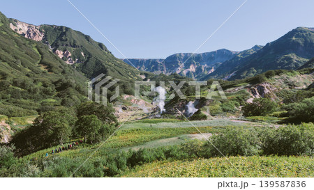 Valley of Geysers landscape with steaming fumaroles in Kamchatka nature reserve Valley of Geysers landscape with steaming fumaroles in Kamchatka nature reserve 139587836