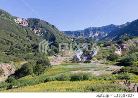 Scenic Valley of Geysers landscape with steaming vents in Kamchatka valley 139587837