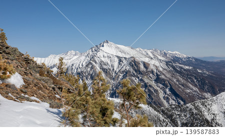 Winter mountain panorama from Pik Lyubvi viewpoint near Arshan village, Russia 139587883