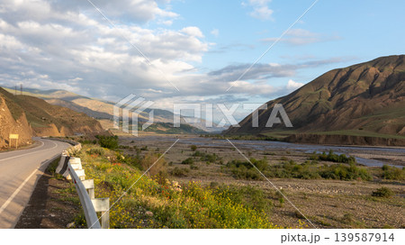 Mountain road and river valley landscape near Kavalar village, Dagestan, Russia 139587914