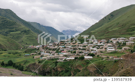 Mountain village panorama of Irib with green valley landscape in Dagestan 139587939