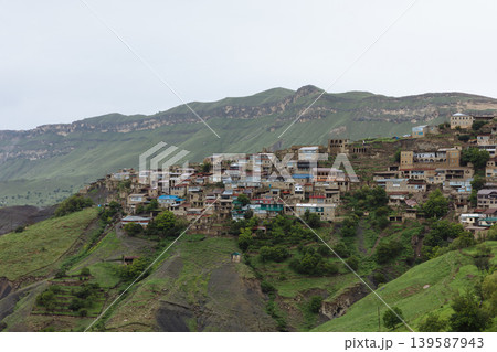 Mountain village of Chokh on green hillside in Dagestan, Caucasus region Mountain village of Chokh on green hillside in Dagestan, Caucasus region 139587943