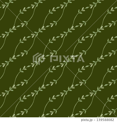 Watercolor seamless pattern with delicate green stems with small leaves arranged in a rhythmic diagonal composition. Dark green background enhances the natural textures of the herbal elements. For eco 139588082