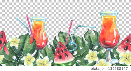 Watercolor illustration of tropical cocktails with watermelon slices and monstera leaves. Hand drawn seamless border design for summer vacation party beach bar and holiday decoration. 139588147