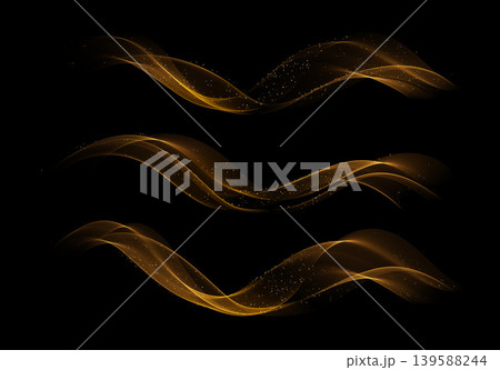 Vector Abstract Shiny Glowing Gold Color Wave. Transparent Golden Wavy Lines. Elegant Luxury background. Black BG Vector Abstract Shiny Glowing Gold Color Wave. Transparent Golden Wavy Lines. Elegant Luxury background. Black BG 139588244
