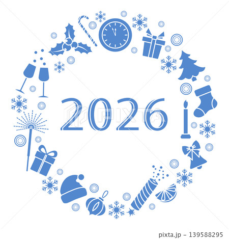 New year 2026 celebration wreath with holiday icons in circle design on white background New year 2026 celebration wreath with holiday icons in circle design on white background 139588295