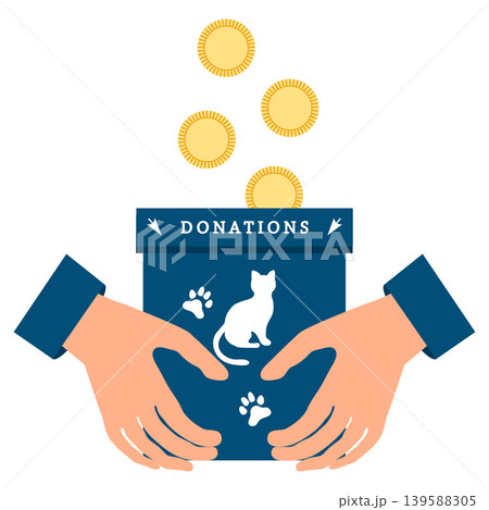 Donation box with hands and coins, showing support for animal welfare and charitable giving Donation box with hands and coins, showing support for animal welfare and charitable giving 139588305