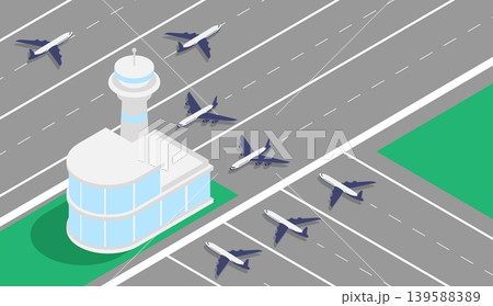 Isometric airport building with control tower and the runway is occupied by planes. 3D cartoon vector concept 139588389