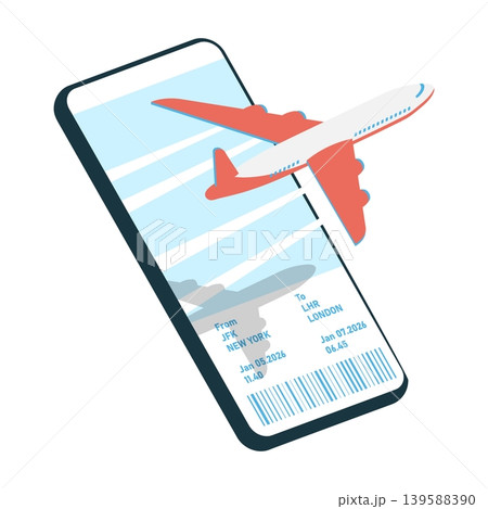 Isometric passenger plane flying against the backdrop of airline tickets purchased online on a smartphone through an airline mobile app. Cartoon 3D vector concept isolated on white background 139588390