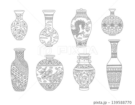Traditional Asian vases vector collection, vintage oriental pottery with black and white floral ornaments, dragon bird Traditional Asian vases vector collection, vintage oriental pottery with black and white floral ornaments, dragon bird 139588770