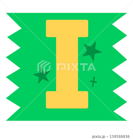 Uppercase I letter of English alphabet, vector kids happy font yellow typeface in green zigzag shape frame with stars 139588836