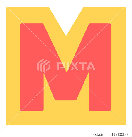 Uppercase M letter of English alphabet, vector bright festive red typeface in yellow frame, kids happy font 139588838