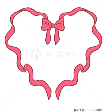 A heart-shaped outline frame made of thin red ribbon with a decorative bow at the top. A heart-shaped outline frame made of thin red ribbon with a decorative bow at the top. 139588848