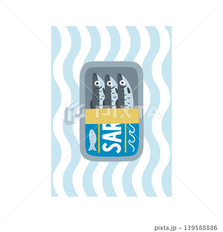 Sardines fish in can on blue wavy striped background, vector doodle illustration, Mediterranean menu, canned seafood Sardines fish in can on blue wavy striped background, vector doodle illustration, Mediterranean menu, canned seafood 139588886