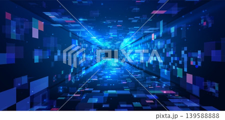 Tunnel with neon planes, abstract techno digital vector background, data center corridor with blue light glowing blocks Tunnel with neon planes, abstract techno digital vector background, data center corridor with blue light glowing blocks 139588888