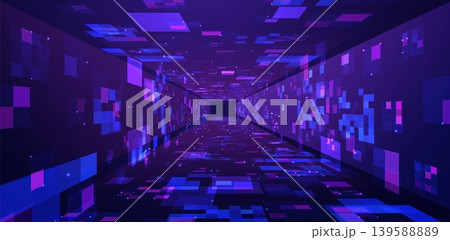Tunnel with neon planes, data center corridor with blue purple light glowing blocks, abstract digital vector background 139588889