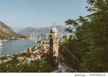Scenic view of Kotor Bay and historic church bell tower, Montenegro coastline Scenic view of Kotor Bay and historic church bell tower, Montenegro coastline 139589210