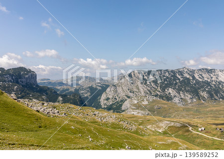 Mountain landscape in Durmitor National Park with rocky peaks and green meadows Mountain landscape in Durmitor National Park with rocky peaks and green meadows 139589252