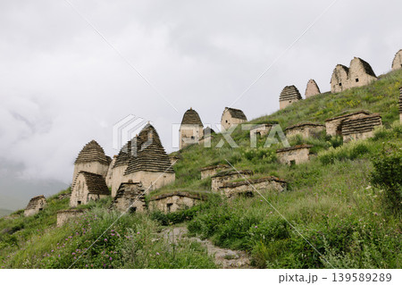 Dargavs City of the Dead necropolis stone tombs on a green mountain slope 139589289