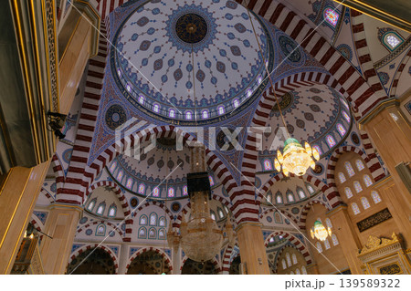 Interior ceiling of Heart of Chechnya Mosque with domes and chandeliers, Grozny Interior ceiling of Heart of Chechnya Mosque with domes and chandeliers, Grozny 139589322
