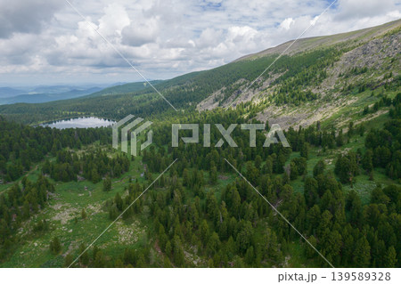 Panoramic view of Karakol Lakes valley and taiga mountains in Altai Panoramic view of Karakol Lakes valley and taiga mountains in Altai 139589328