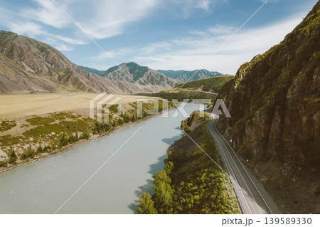 Scenic Chuysky Trakt highway along Katun River valley in Altai Mountains Scenic Chuysky Trakt highway along Katun River valley in Altai Mountains 139589330
