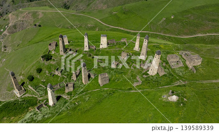 Aerial view of Erzi tower complex ruins in Olgeti mountain valley, Ingushetia 139589339