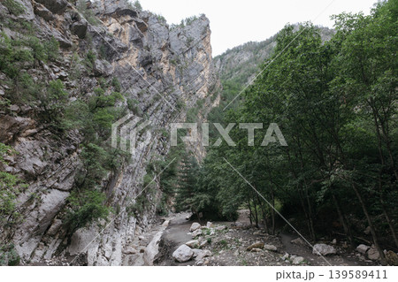 Karadakh Gorge canyon with rocky cliffs and mountain river in Dagestan, Russia Karadakh Gorge canyon with rocky cliffs and mountain river in Dagestan, Russia 139589411