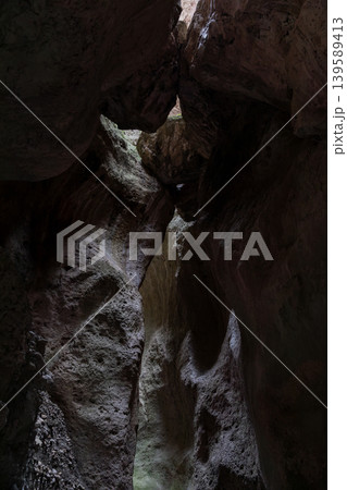 Dramatic narrow rock corridor in Karadakh Gorge canyon, Dagestan mountains Dramatic narrow rock corridor in Karadakh Gorge canyon, Dagestan mountains 139589413