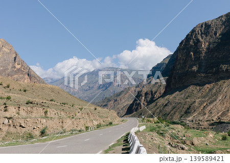 Scenic mountain road through rugged canyon landscape in Dagestan, Russia 139589421