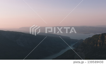 Panoramic view of Sulak Canyon and turquoise river at sunrise, Dagestan Panoramic view of Sulak Canyon and turquoise river at sunrise, Dagestan 139589430