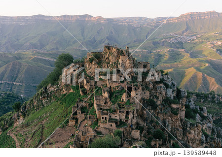 Panoramic view of abandoned mountain village of Gamsutl ruins in Dagestan 139589448