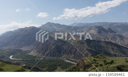 Panoramic mountain valley with winding river in Dagestan, North Caucasus, Russia 139589461
