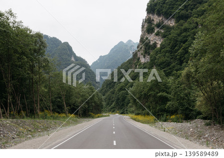Scenic mountain road through Karmadon Gorge valley in the Caucasus Mountains Scenic mountain road through Karmadon Gorge valley in the Caucasus Mountains 139589489
