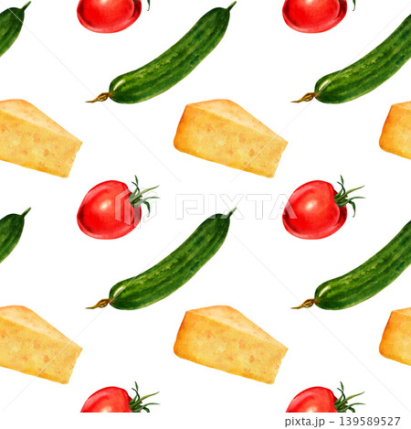 Tomato, cucumber, and cheese seamless pattern. A simple watercolor design for kitchen textiles and food packaging. Tomato, cucumber, and cheese seamless pattern. A simple watercolor design for kitchen textiles and food packaging. 139589527