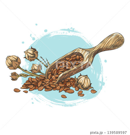 Flax seed pile in wooden scoop with stems vector sketch, superfood, hand drawn Linen cereal crops seeds grains harvest Flax seed pile in wooden scoop with stems vector sketch, superfood, hand drawn Linen cereal crops seeds grains harvest 139589597